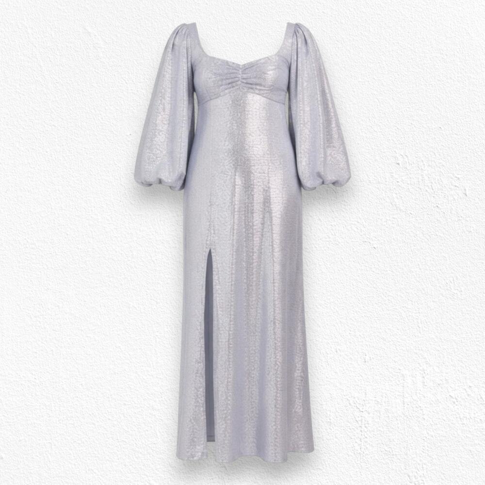Show Me Your Mumu Lilac Shimmer Puff Sleeve USA Made Formal Midi Dress Size XS